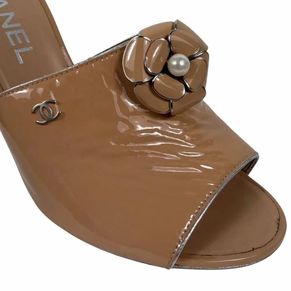 Chanel Camellia CC Logo Patent Leather Mule Sandal Beige Size 37.5